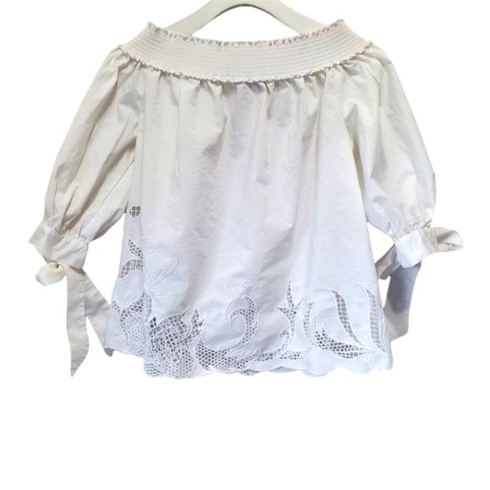 CHELSEA28 Womens Blouse SZ S Off The Shoulder White Rouche Bow Lace Costal